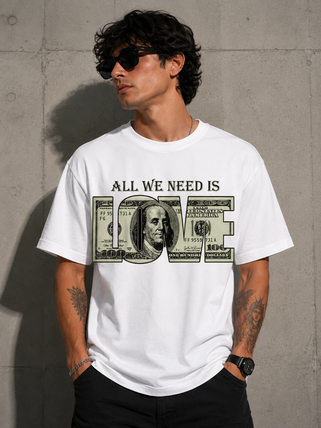 Model in a white oversized tee with banknote lettering spelling love