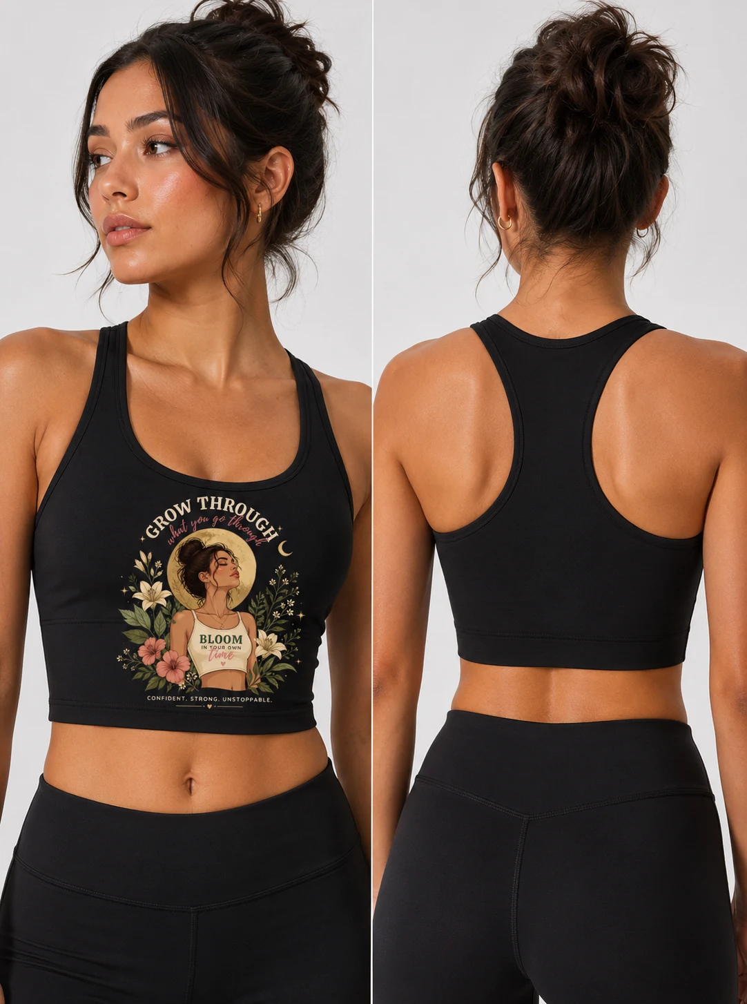 Black ribbed crop top and leggings set shown front and back, botanical print at the chest
