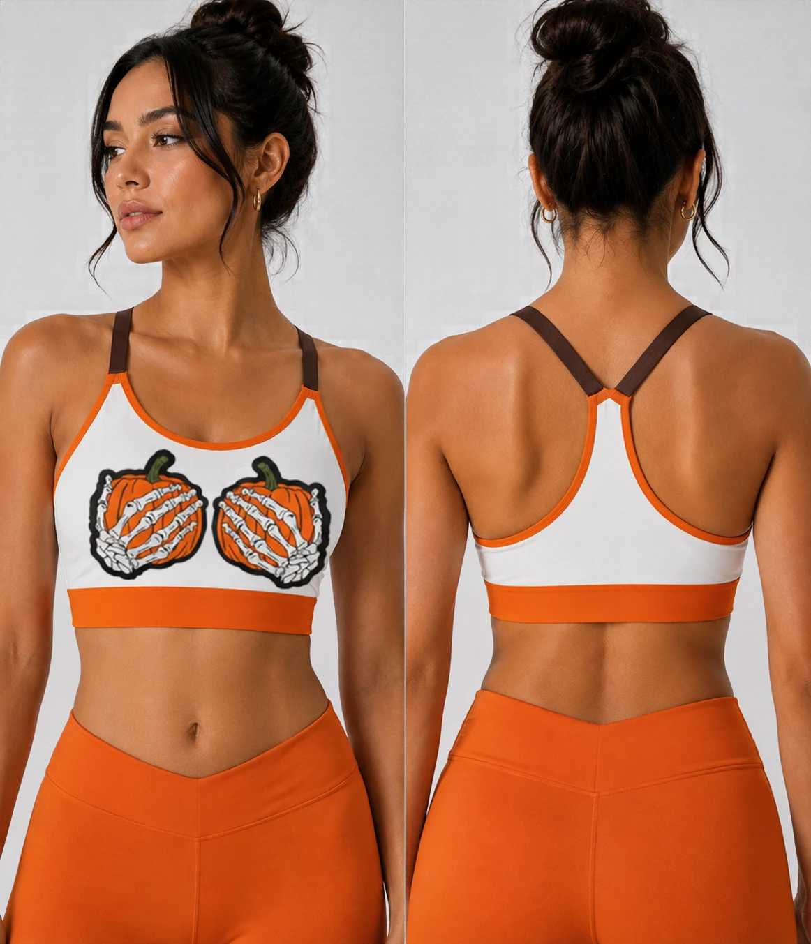 Model in an orange crop bra and leggings set shown front and back