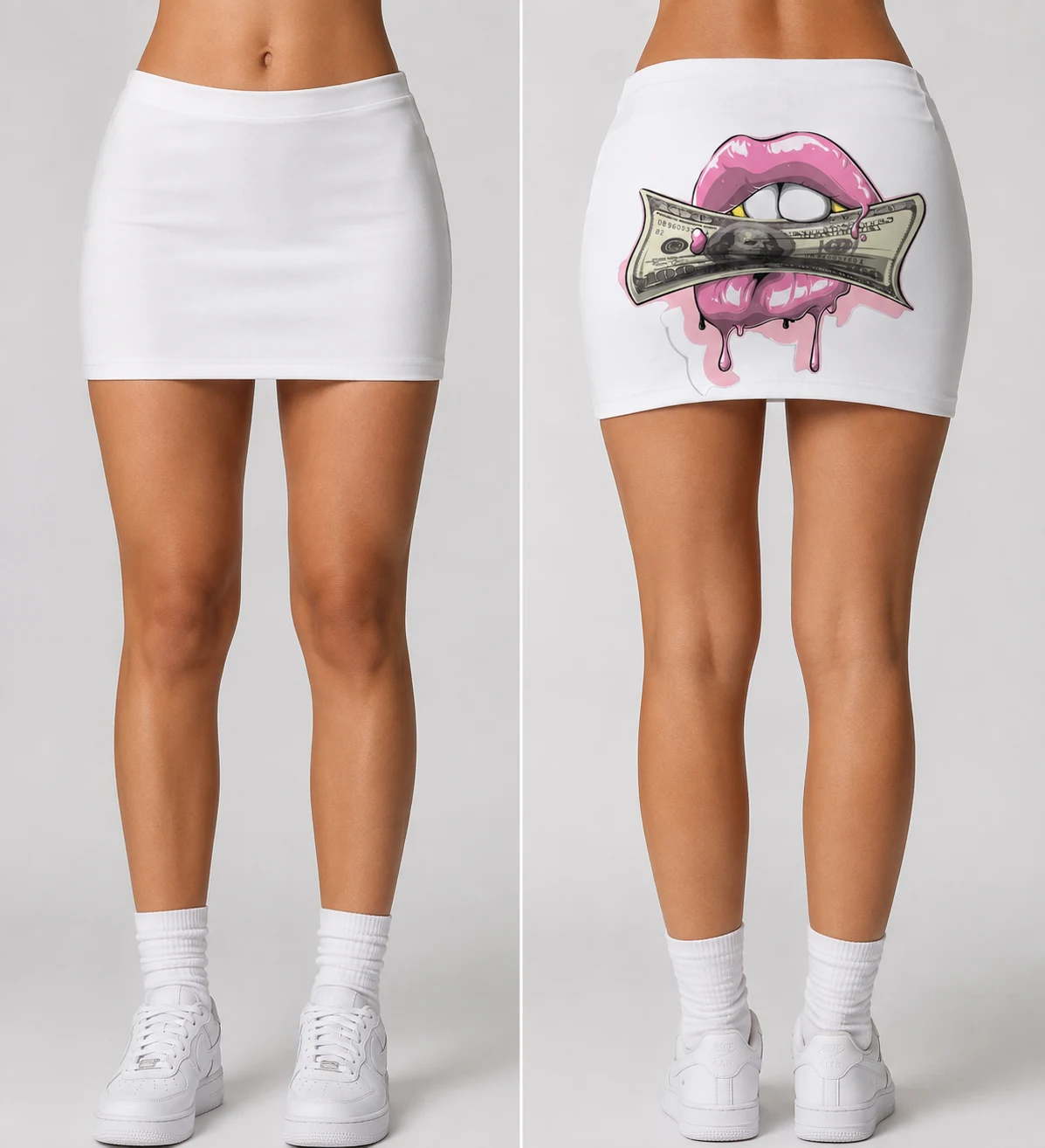 White mini skirt shown front and back, painted lips biting a folded note across the back