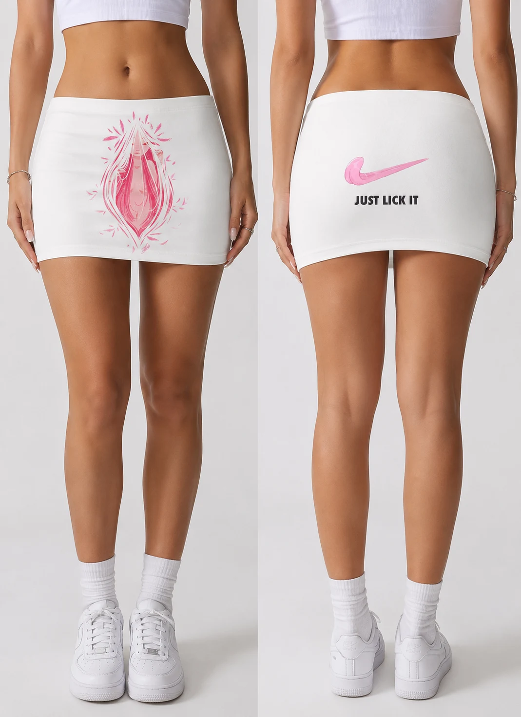 White mini skirt shown front and back, line drawing at the front and slogan across the back