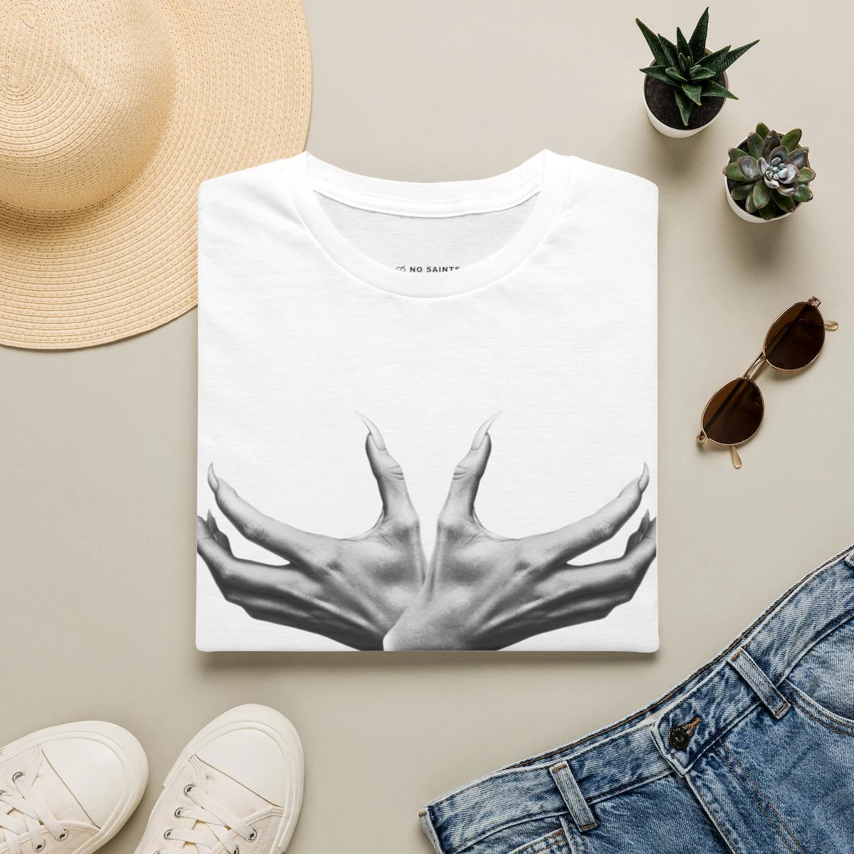 Minimal Black & White Mirror Hands Graphic Tee, from the front
