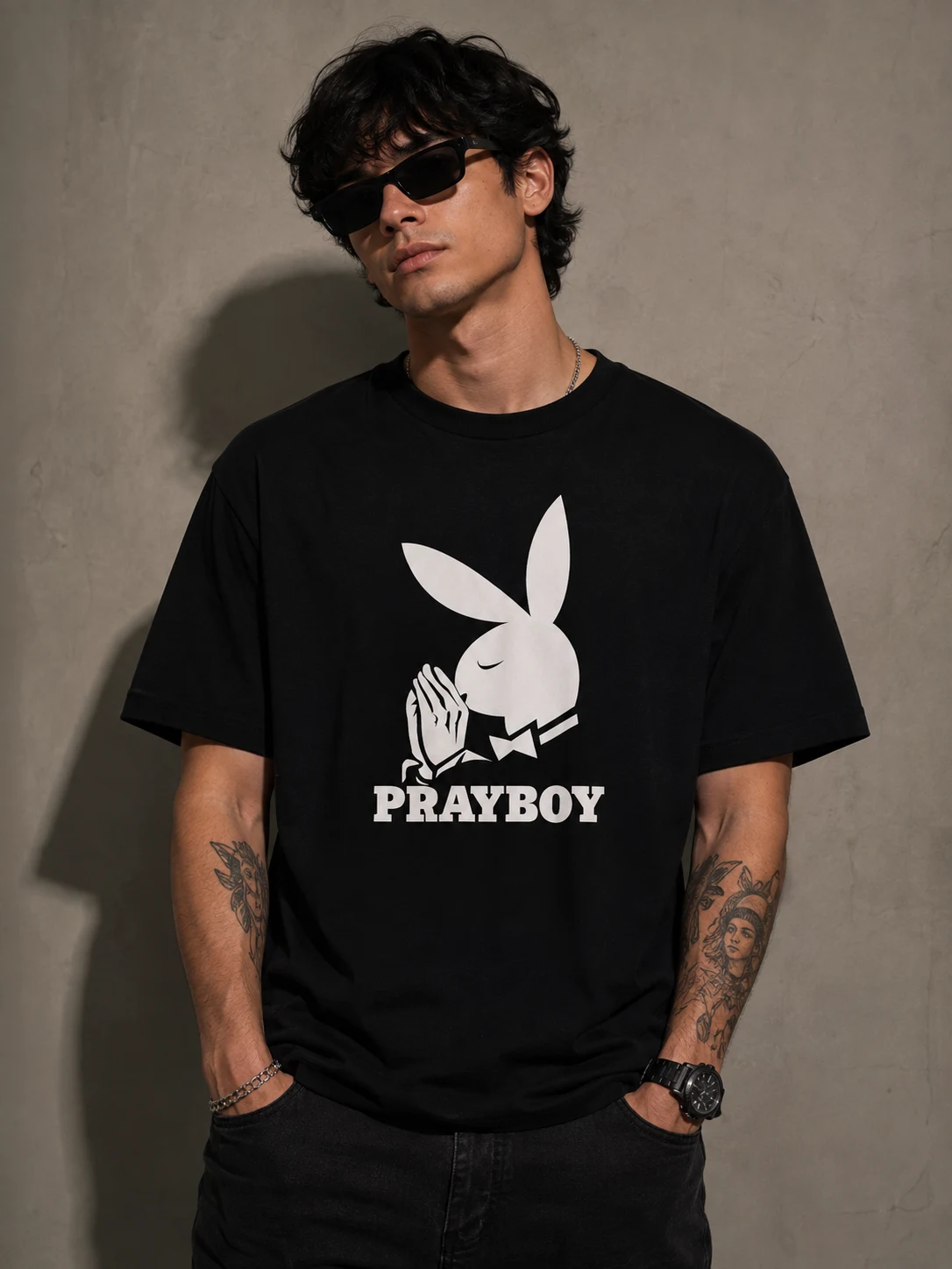 Model in a black oversized tee with a praying rabbit graphic