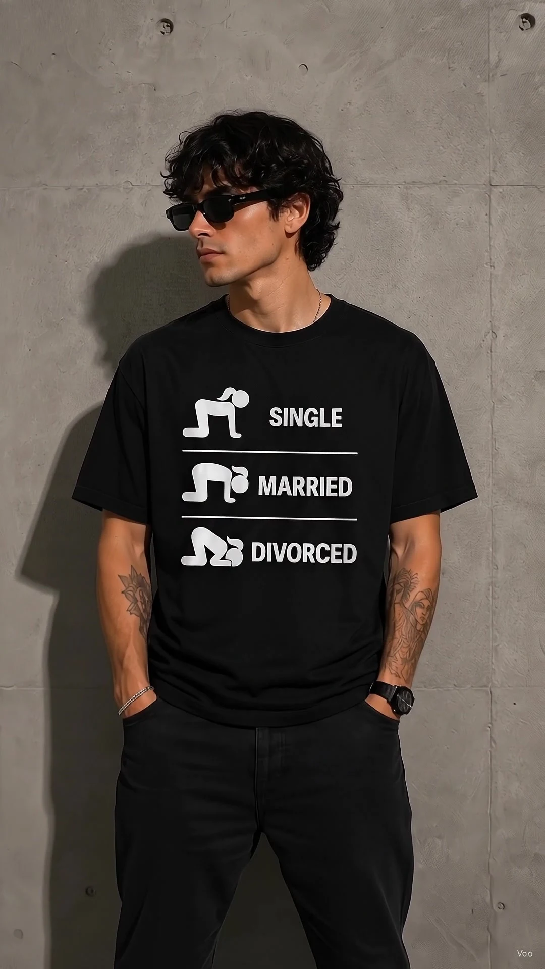 Model in a black tee with a three-panel pictogram across the chest